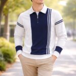 New Long Sleeved Casual High-end Polo Shirt - Off-White And Blue Line