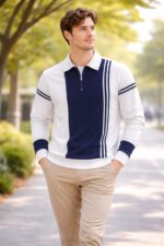New Long Sleeved Casual High-end Polo Shirt - Off-White And Blue Line